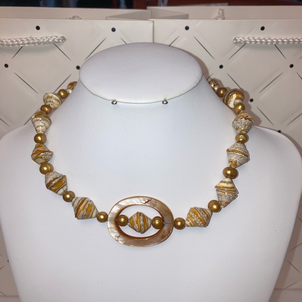 Gold Freshwater Pearl and Shell Bead Choker Necklace